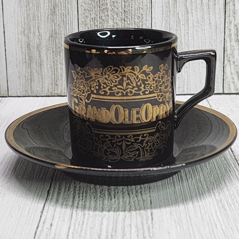 Vintage Scotty Grand Ole Opry Coffee Mug and Saucer Set Black Gold JAPAN
